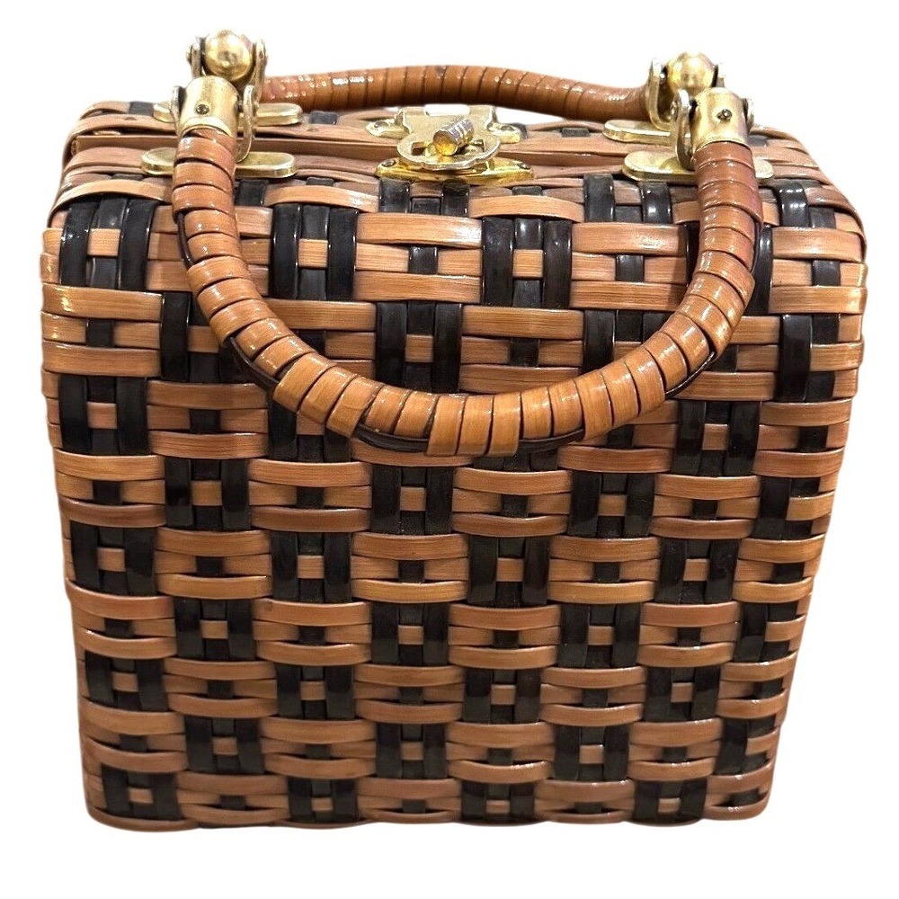 Vintage 60s Two‎ Tone Rattan Wicker Box Handbag Turn-Lock Made In Hong Kong MCM